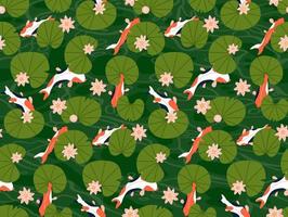 Koi carp fishes under green lotus leaves seamless pattern vector illustration. Many goldfishes swim in water pond. Flat vector illustration.