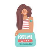 Portrait of young woman with shoulder patch after vaccination. Hand drawn lettering of Kiss me, I m vaccinated. Concept for getting vaccination, time to vaccinate, herd immunity. Flat vector design.