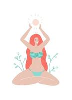 Summer greeting card. A long hair girl in a swimsuit sits in the lotus position and holds a sum in her arms. Vector stock flat illustration in flat boho style.