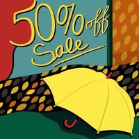 Autumn sale. 50 per cent off. Bright vector illustration with lettering.
