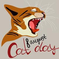 día internacional del gato. concepto vectorial con letras e imagen de gato rojo con la boca abierta. vector