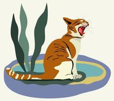 Red cat with opened mouth sitting near swimming pool. Vector illustration.