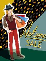 Vector illustration of young man with purchases in bright package. Autumn sale.