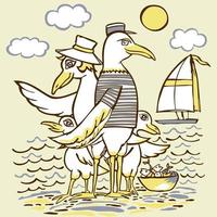 Seagull family. Vector sketch with brown outline on light yellow background.