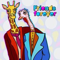 Giraffe and ostrich standing in an embrace. vector