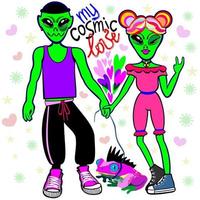 Alien couple with fantastic frog. Love concept. vector