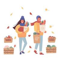 Cute man and woman with a craft paper and eco bag with grocery in their hands. Caring for the environment. Autmn mood. Vegetables in wooden boxes. Vector flat illustration.