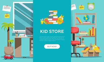 página de inicio de la tienda de artículos para niños en estilo de caricatura plana. juegos para niños, libros, artículos de interior y útiles escolares. niños diversión juego colorido niño habitación interior fondo vector ilustración.