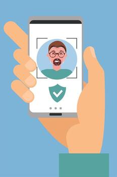Facial recognition concept. Face ID, face recognition system. Hand holding smartphone with human head and scanning app on screen. Modern application. Flat design graphic elements. Vector illustration