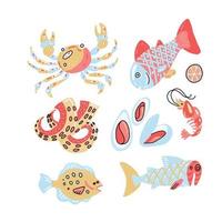 conjunto de bocetos de mariscos ásperos dibujados a mano de color plano en estilo escandinavo. ilustración vectorial aislado sobre fondo blanco. elementos de pescado de marisco para menú infantil, diseño web, estampados textiles, afiches vector