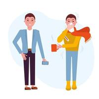 Set of Two men, one with a cold flu, the other healthy. Unhappy character and Workable male person. Vector flat cartoon illustration. Man with handkerchief and tea mug in hands.