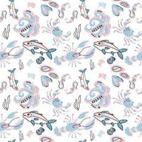 Patrón transparente de marisco azul claro con ilustración de garabatos dibujados a mano en estilo escandinavo. imprimir aislado en fondo blanco. muchos habitantes marinos - peces, pulpos, conchas, cangrejos, langostas vector