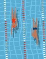 Pool race - people in sport competition swimming in blue water inside lane lines. Swimmers man and woman crawl in the pool. View from above. Flat poster vector illustration of swimmer athletes