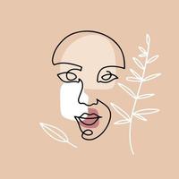 Continuous line hand drawing of female face with leaves, fashion concept, woman beauty minimalist with geometric doodle abstract floral elements. Oneline continuous drawing. Linear vector illustration