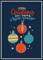 Vintage Christmas greeting card with baubles on dark blue background and Merry Christmas and Happy new year hand drawn lettering. Vector flat design elements for xmas banners, flyers and poster.