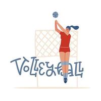 pancarta de voleibol interior con tipografía, mujer jugando con pelota y red. actividad de estilo de vida saludable, competición deportiva. ilustración de vector plano de dibujos animados con letras