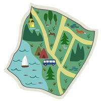 mapa turístico con bosque, lago y camping. vector