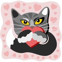 Vector isolated illustration of black cat with a heart in paws. Pink background with hearts.