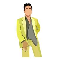 Men's manicure. Vector isolated illustration of man in yellow suit and trousers with black nails.