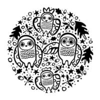 round black and white illustration with owls in doodle style vector