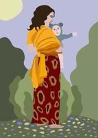 Woman with child in sling walks in the garden vector