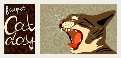 International Cat Day. Vector set with lettering and poster with cat's grin.