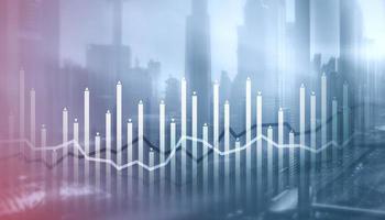 Histogram and lines economic chart on modern architecture background photo