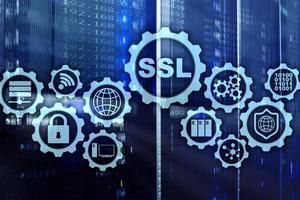 SSL Secure Sockets Layer concept. Cryptographic protocols provide secured communications. Server room background photo