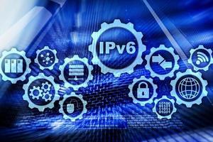 IPv6 Internet Protocol on server room background. Business Technology Internet and network concept photo