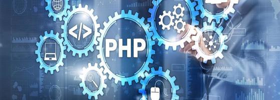 PHP coding Concept. Programmer search. Technology Background photo