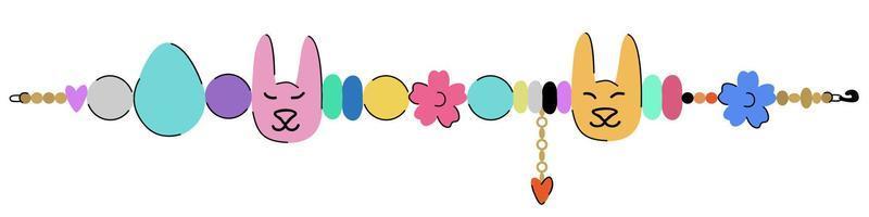 Bracelet with bunnies, beads, flowers, hearts and eggs. Happy Easter. vector