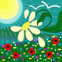 Vector summer landscape with sun, camomile, poppies and over small flowers. Childish style.