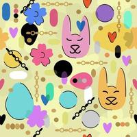 Vector seamless Easter pattern with bunnies, eggs, flowers and chains on light beige background.