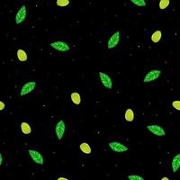 Vector seamless pattern with olives, basil and pepper seeds on black background.