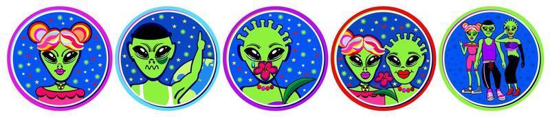 Set of five rounded stickers with portraits of aliens. vector