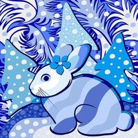 Winter forest. Abstract vector concept with bunny, fir trees, snow and ice.