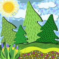 Spring forest. Abstract vector concept with fir trees, flowers and sun.