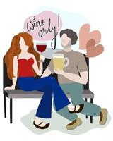 Wine only. Vector isolated illustration with lettering. Couple sitting on the bench and drinking.