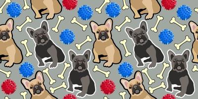 Vector seamless pattern with bulldogs, toys and bones.