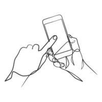 dibujo de línea continua de la mano que sostiene el teléfono inteligente vector