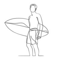 dibujo de línea continua de un surfista con una tabla de surf vector