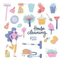 House Cleaning service woman character. Housekeeping icons of cleaning equipment. Vector cartoon flat style illustration. Isolated on white background with lettering