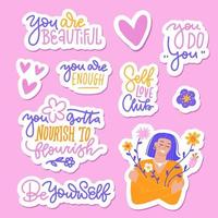 Set of stickers with romantic design elements on self-care theme, letterings and clipart. Flat hand drawn vector illustration. Positive, health, beauty and wellness concept.