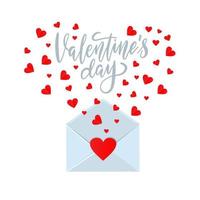 Valentine card template - opened envelope with cut hearts flying out. Flat Vector illustration with hand lettering