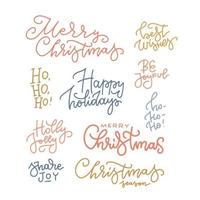 Merry Christmas hand drawn lettering set. Happy Holidays. Linear Typography collection. Vector momoline logo, emblems, text design. Usable for banners, greeting cards, gifts