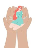 Beautiful woman sitting on knees, hugging yourself. Huge hands support her. Concept of psychologist help for young depressed woman. Vector flat illustration of mental health problem. Inner support