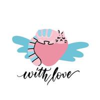 Cute vector hand drawn illustration with sketch cat sleeping on winged heart. Brush lettering quote - with love