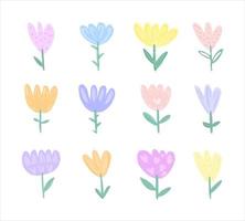 conjunto de flores vectoriales iridiscentes. lindo diseño plano de dibujos animados. coloridos tulipanes de primavera dibujados a mano al estilo de los niños. vector