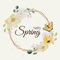 watercolor hand drawn colorful spring flower and green leaf bouquet wreath with dry twig frame and yellow butterfly with hello Spring text vector