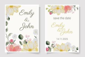 watercolor hand drawn colorful spring flower and green leaf bouquet wedding invitation card template collection vector